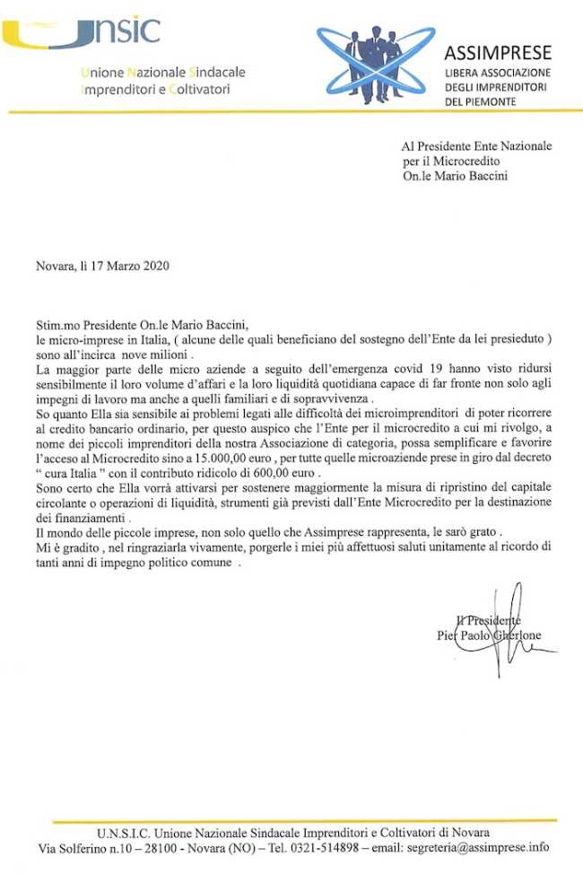 Lettera al Presidente Ente Nazionale per il Microcredito On.le Mario Baccini