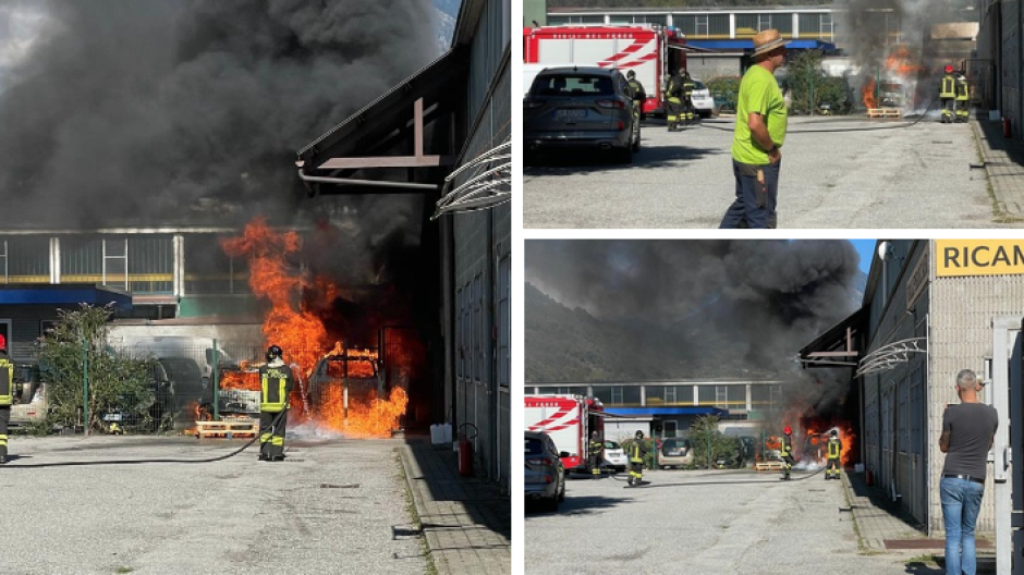 Automobili in fiamme nel piazzale di un magazzino tra Domodossola e Crevoladossola