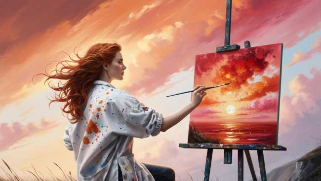 una donna che con una tavolozza di colori dipinge il cielo 