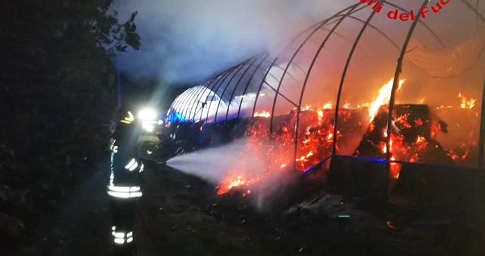 A fuoco 330 quintali di rotoballe di fieno. Intervento dei Vvf ancora in corso