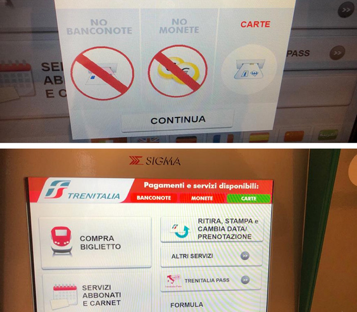 La self service per pagare i biglietti dei treni in contanti funziona, ma solo con carte e bancomat...