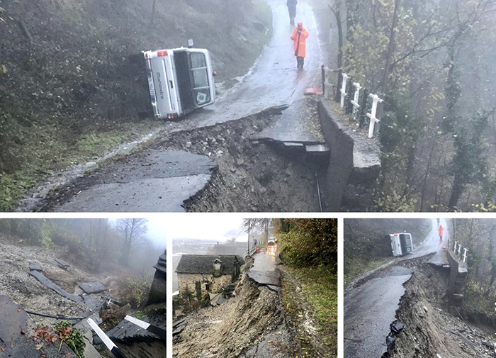 Frana la strada per Valpiana: auto comunale coinvolta, nessun ferito. Frazione isolata, due famiglie evacuate. Foto