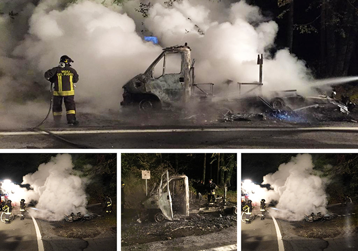 Camper prende fuoco, l'autista riesce a staccare le bombole del gas prima che scoppino