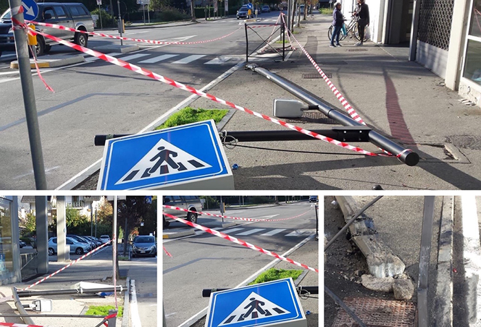 "Strike" nella notte domese, cade un palo dell'attraversamento pedonale
