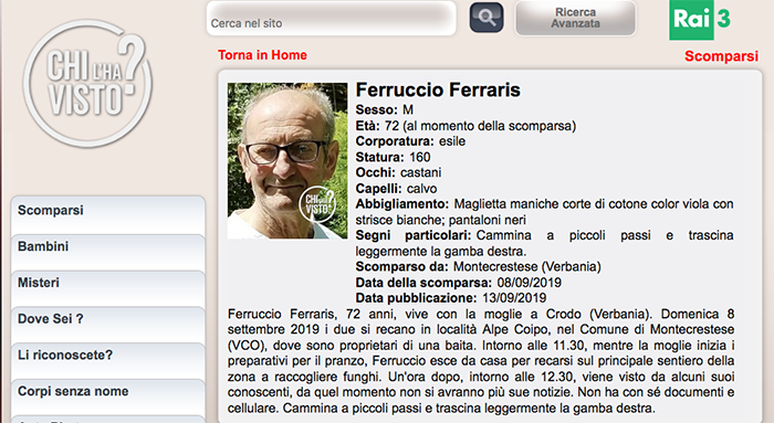 Si tenta ogni cosa per ritrovare Ferrucci Ferraris: appello a "Chi l'ha visto", maxi ricerca domenica nei boschi