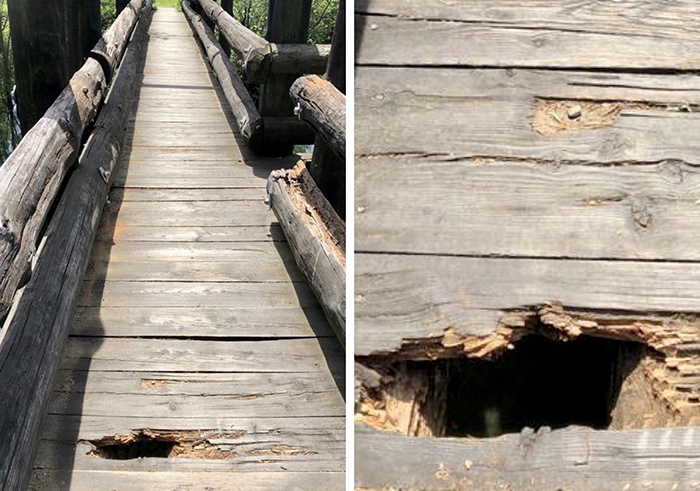 Grossa buca nella passerella in legno sul lago Tana, tra Crevola e Montecrestese