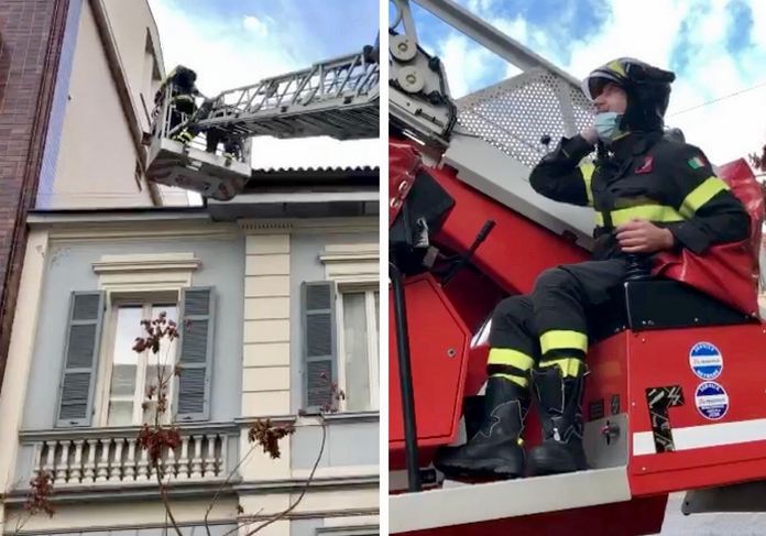 Domo, intervento dell’autoscala dei Vigili del Fuoco: tegole pericolanti sul viale