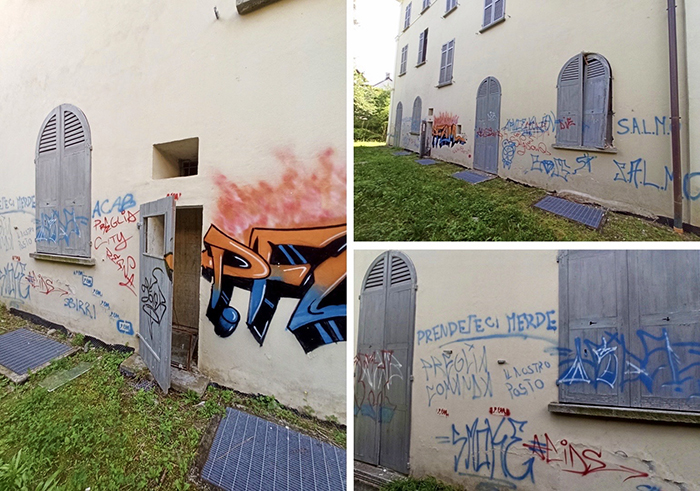 Scritte ingiuriose sui muri e porte divelte a Villa Renzi