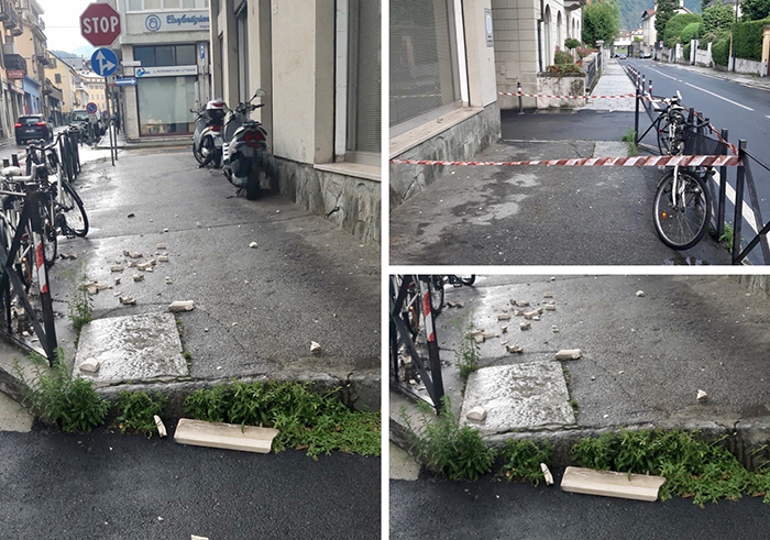 Cadono calcinacci su un marciapiede. Nessun ferito