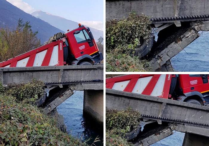 Cede il ponte, camion sprofonda e resta incastrato