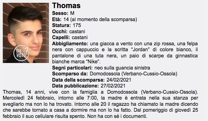 Ancora nessuna traccia di Thomas Infurna. Segnalazione a "Chi l'ha visto?", ascoltati gli amici. Un'ipotesi