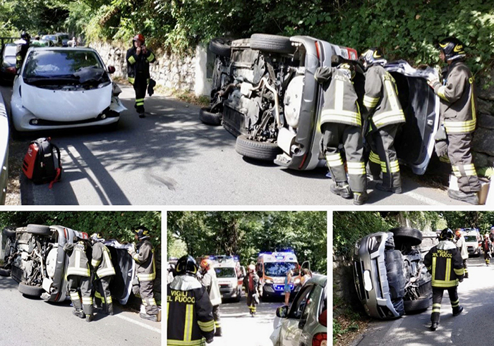 Scontro tra due auto, una si cappotta. Occupanti in ospedale con lievi ferite
