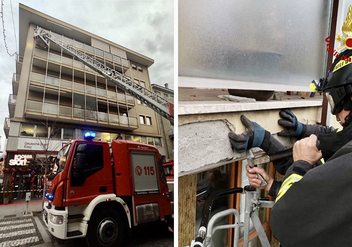 Intervento dell'autoscala in centro: era un cornicione pericolante dal balcone