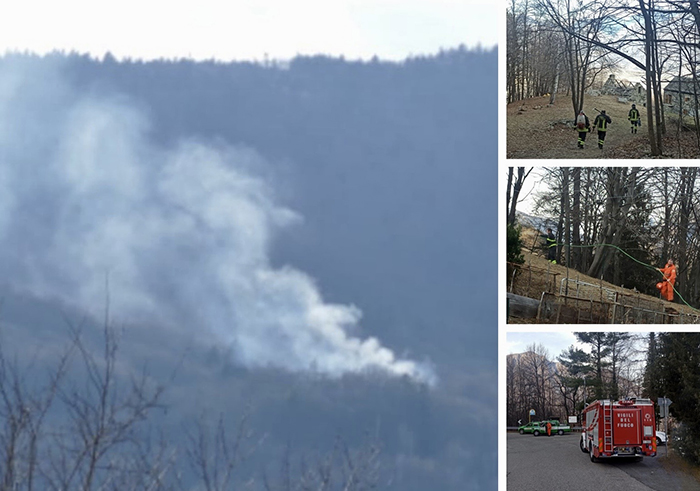 Fiamme nei boschi sopra Domodossola, Aib e Vigili del fuoco in azione. Foto