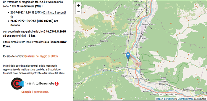 Paura per il terremoto di magnitudo 2.4 con epicentro a Piedimulera