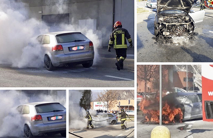 Auto in fiamme mentre circola nell'area commerciale