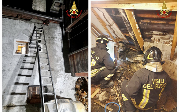 Principio d' incendio a un tetto in piode. Danni a due travi in legno