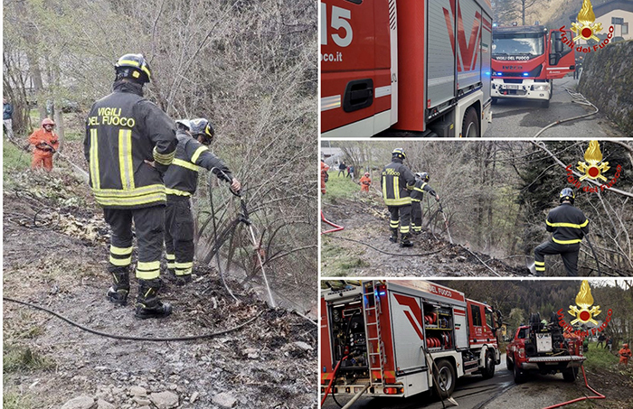 Incendio sterpaglie a Bannio Anzino. Vvf in azione