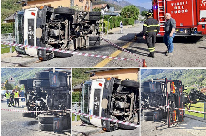 Si rovescia il camion dell'asfaltatura, operatore sbalzato nel prato. Ferite lievi