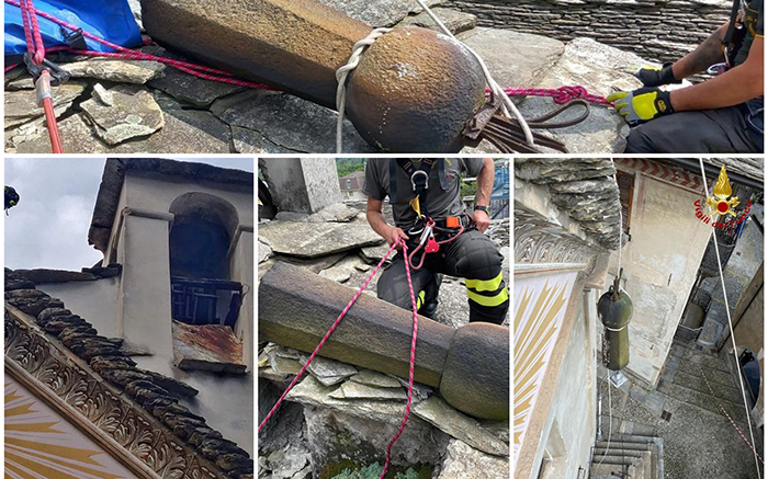 Fulmine danneggia la torre campanaria in pietra della Chiesa. Rimossa dai Vvf