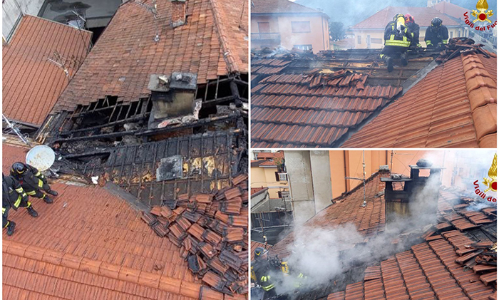 Incendio del tetto di uno stabile di tre piani, danni estesi su 70 mq.