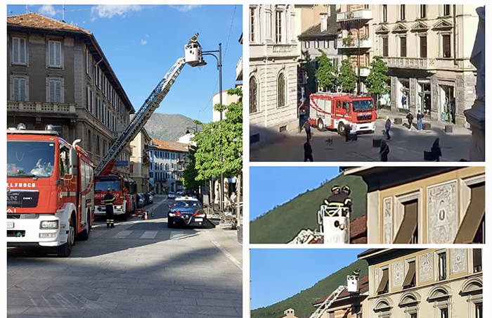 Vigili del fuoco in azione a Domo per un cornicione instabile per il vento