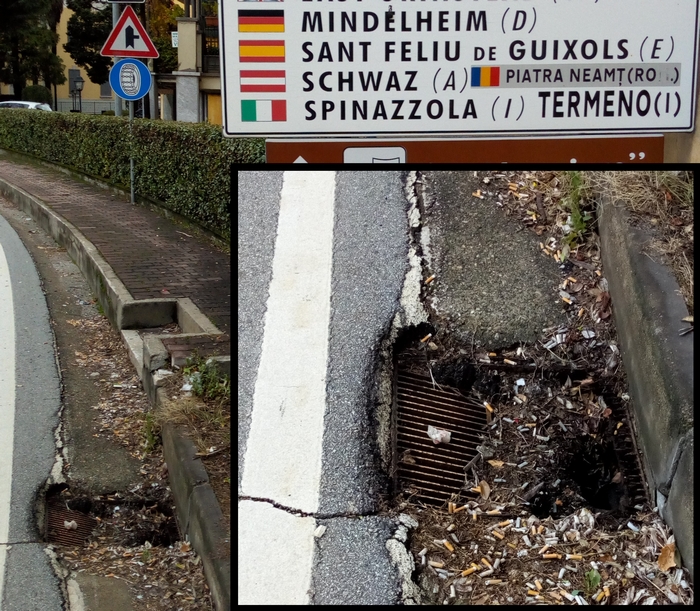 Un tombino arrugginito, sfondato e ignorato sulla statale 