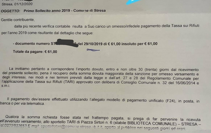 Stresa, pasticcio Tari: spediti avvisi di pagamento anche a chi ha già saldato