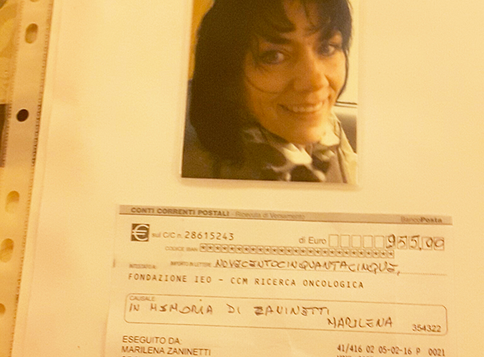 Solidarietà e beneficenza per la morte di Marilena Zaninetti, versamento per la ricerca oncologica