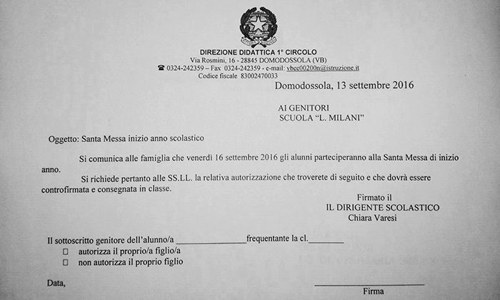 Maestre e bidelli solidali alla preside sul rinvio della messa d'inizio anno alle Milani: “E' la legge”