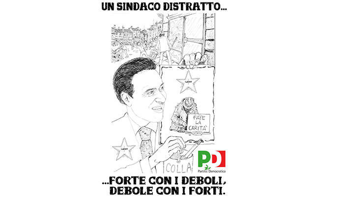 Il Pd attacca Pizzi: "Tutto chiacchiere". Manifesti con una vignetta appesi in città