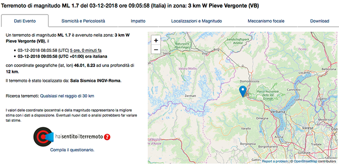Lieve scossa di terremoto a Pieve Vergonte, con magnitudo 1,7. Nessun danno