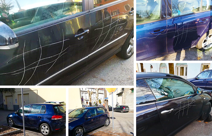 Vandali giocano a tris sulle carrozzerie delle auto: "Siamo esasperati vogliamo le telecamere"