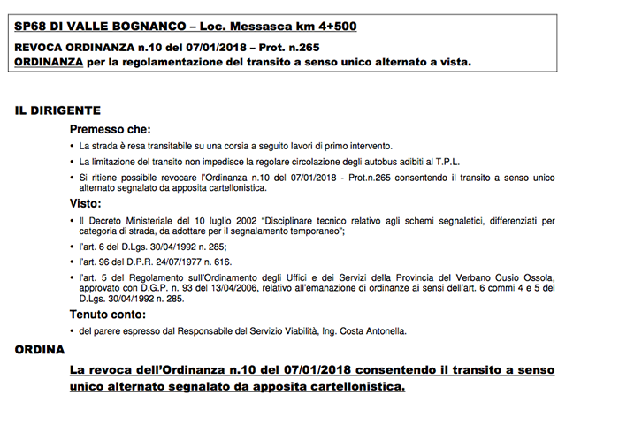 bognanco revoca divieto strada