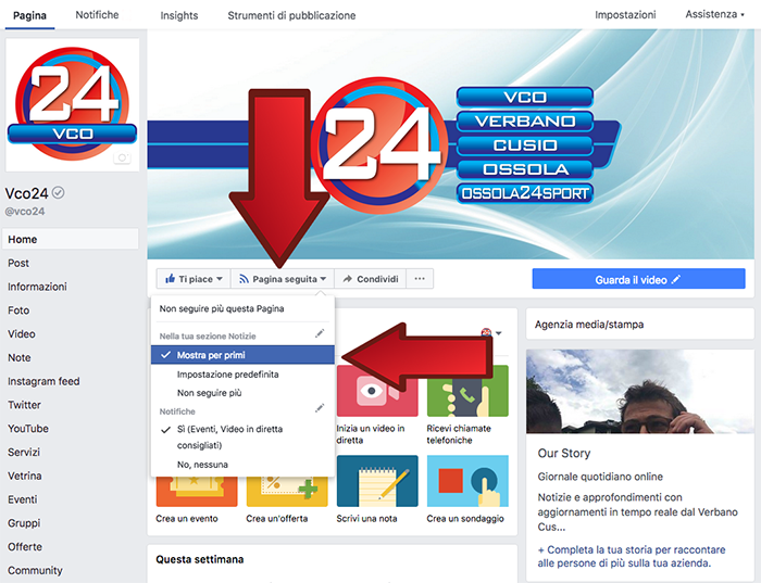 Cambia Facebook, selezionate l'opzione "mostra per primi" per vco24