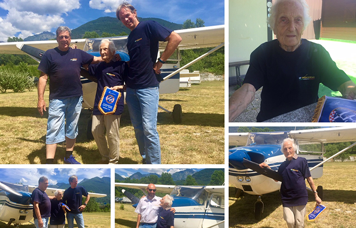 Nonna Bice a 98 anni ha il suo “battesimo del volo” con atterraggio a Masera. Foto