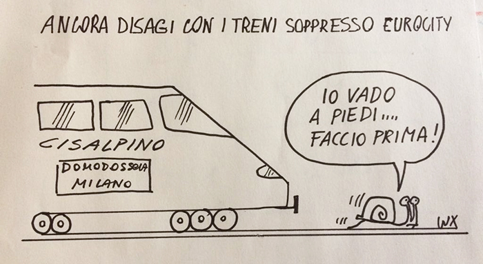 I disagi sui treni della linea per Milano nella nuova vignetta di Carlo Lux