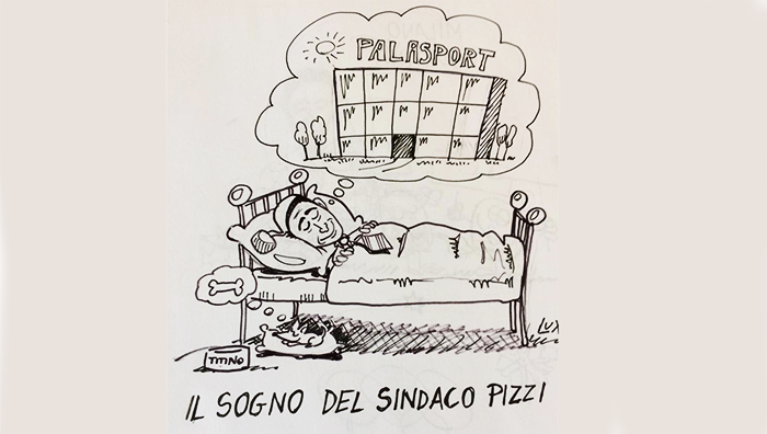 Il Palazzetto dello sport domese nella nuova vignetta di Carlo Lux