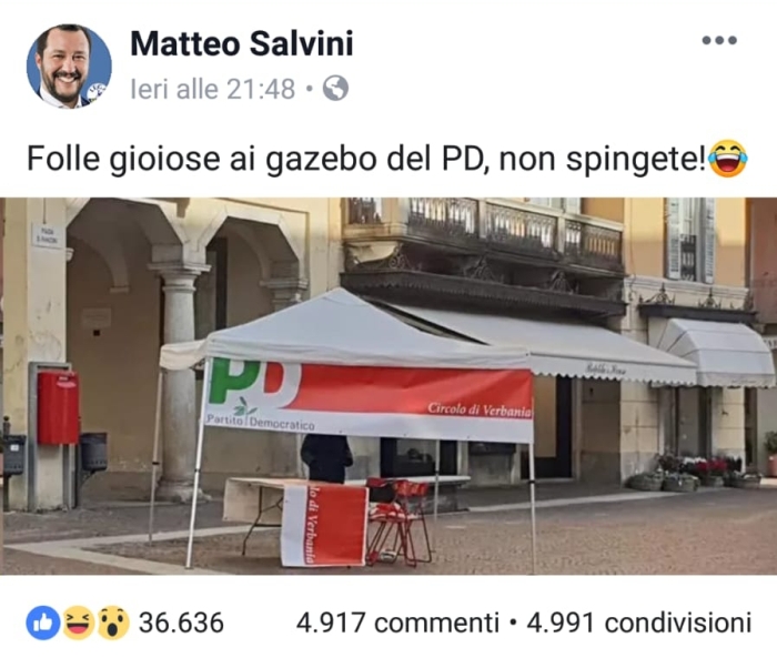 Sfottò social di Salvini al gazebo deserto del Pd verbanese 