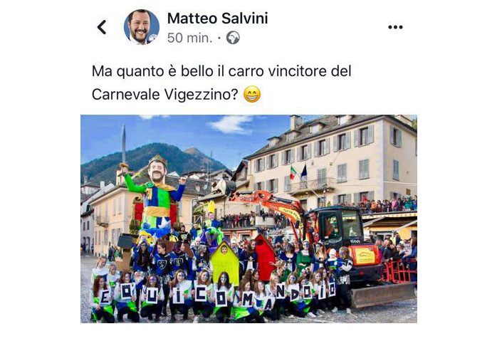 Il Carro della Vigezzo su Salvini trionfa a Cannobio, e “Il Capitano” lo condivide su Facebook