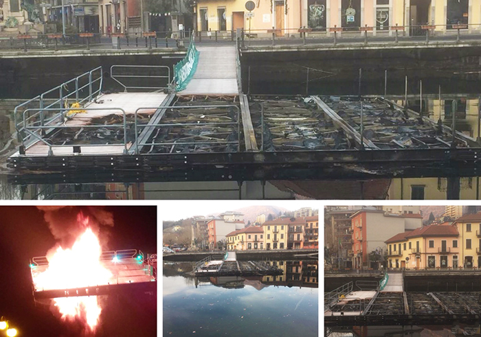 Polizia scientifica e telecamere per individuare la causa del rogo della zattera di Omegna. Video del rogo